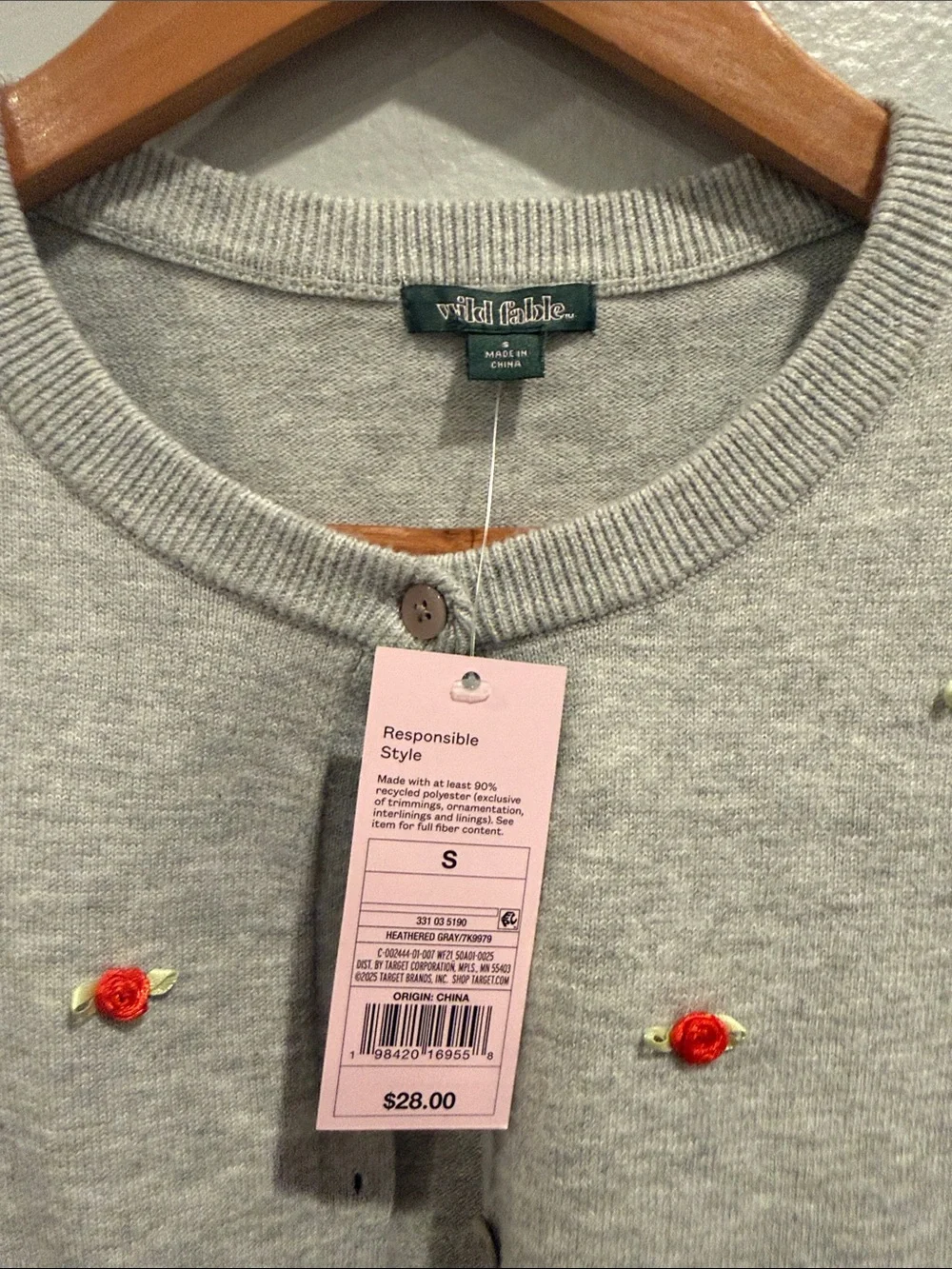 Wild Fable Gray Crewneck Cardigan with Red Flower Accents size small